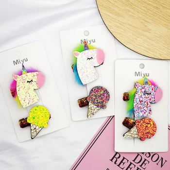 

2Pcs/set Fashion Children Hair Accessories Cute Sequin Hairpins Unicorn Animal Hair Clips Ice Cream Barrettes Girls Headwear Set
