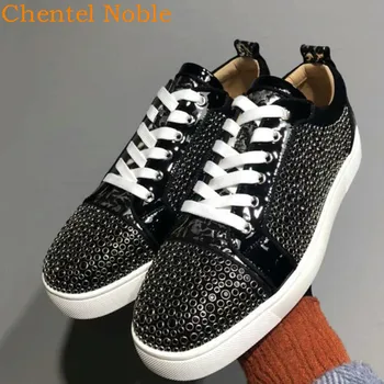 

Chentel Footwear Men Vulcanized Shoes Men Casual Shoes 2020 Rivet Crystal Flat Bottom Fashion Show Leather Male Shoes Black
