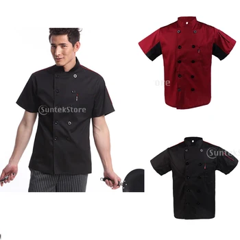 

Short Sleeves Food Service Uniforms Unisex Black & Wine Red 2pcs Chef Jacket Uniforms Double-breasted barista clothes