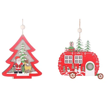 

LED Light Christmas Tree Star Car Wooden Pendants Ornaments Xmas DIY Wood Crafts Kids Gift