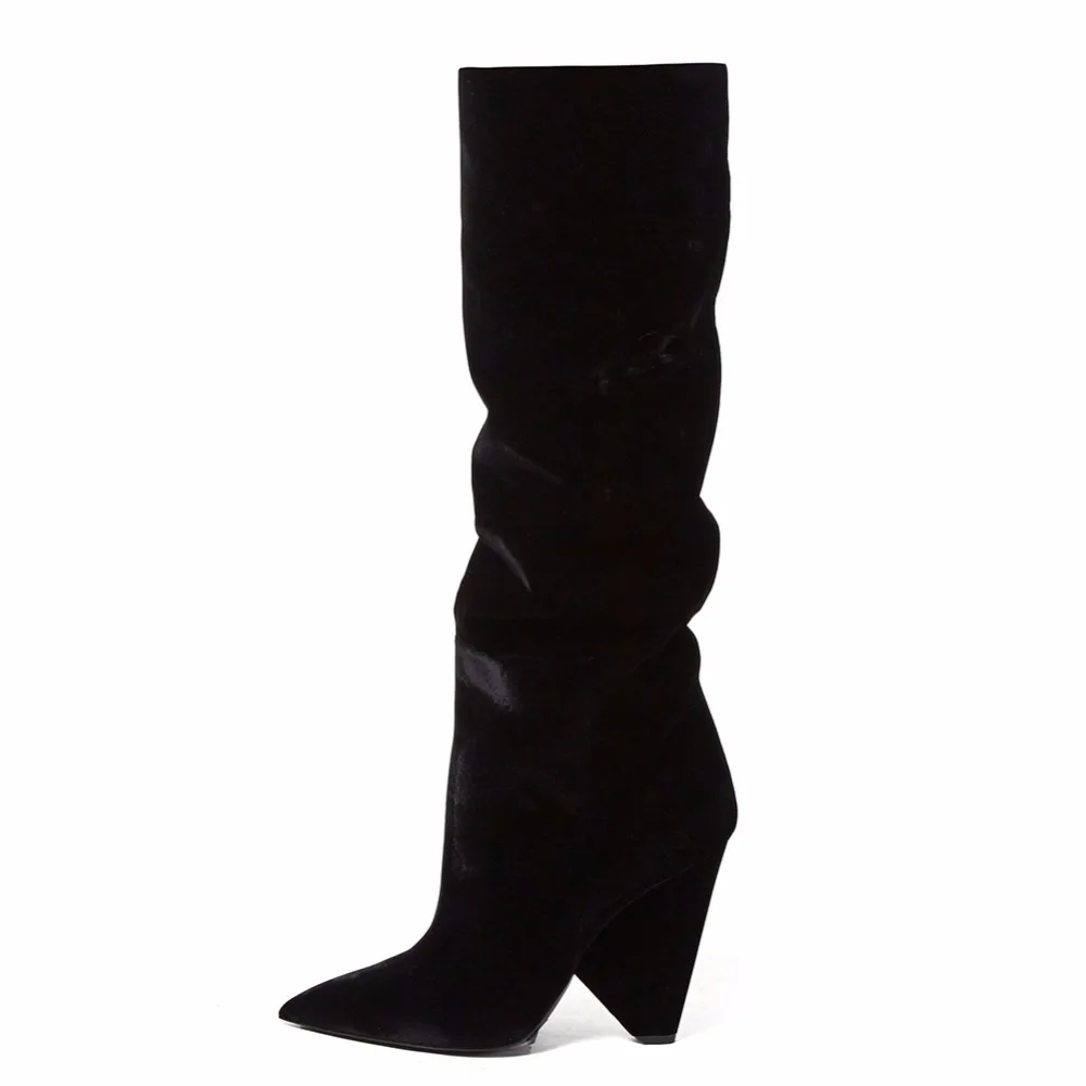 

Suede Leather High Heel Point Toe Slip on Boots Woman Black Strange Heel Ladies Slouch Winter Autumn Velvet Over Knee Boots New