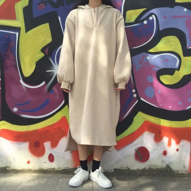 

Deeptown Korean Style Women Hoodies Fashion Winter Clothes Women Sweatshirt Warm Plus Velvet Pullover Loose Solid Long Hoodie