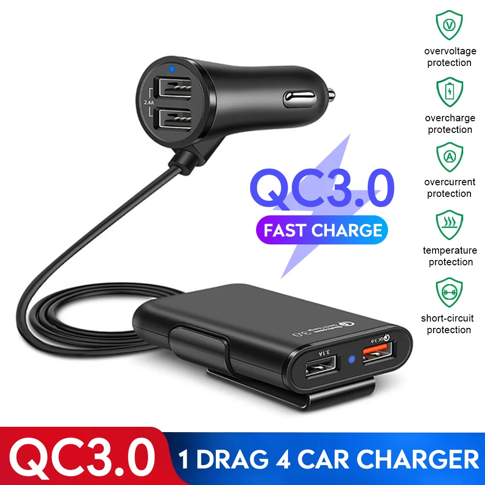 

Universal Four Ports USB Car Charger QC3.0 One in Four 8A 36W Car Front and Rear Multifunctional Car Charger 12-24V