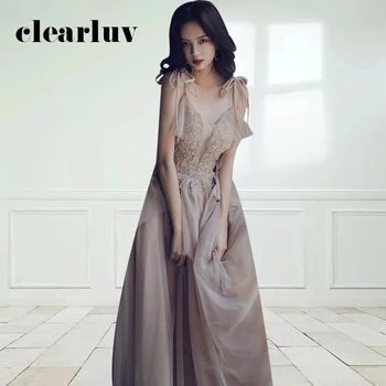

Shining Crystal Evening Dress DR435 V-Neck Sleeveless Party Dresses Spaghetti Strap Robe De Soiree Appliques A-Line Formal Gowns