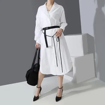 

Women 2020 Spring Elegant Leisure Dress Simple Solid White Mid-Calf Dress Splicing Black Belt Irregular Long Sleeve Shirt Dress