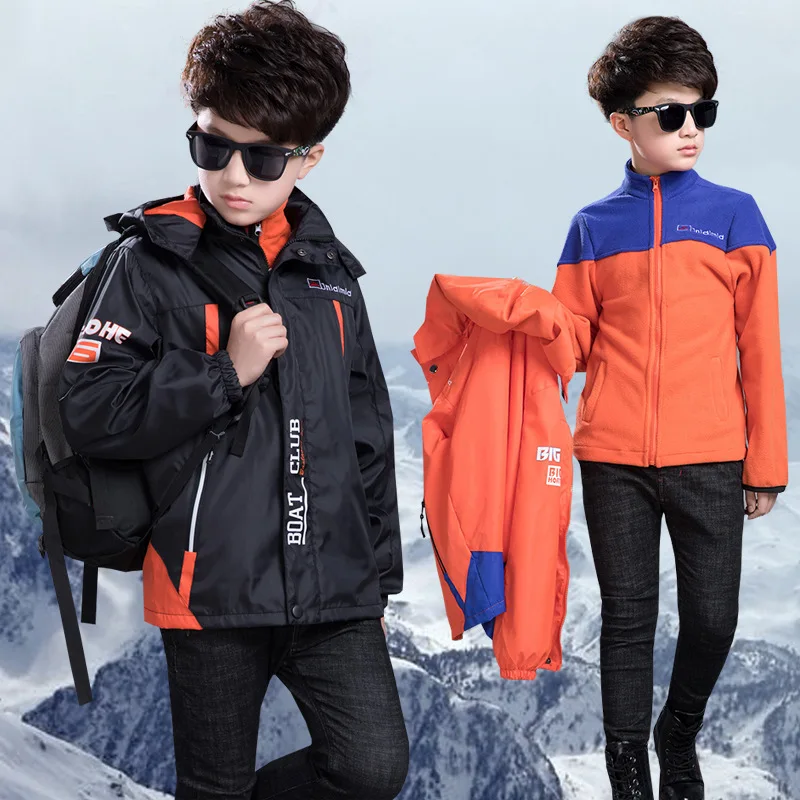 

BOY'S Deconstructable Inner Wearing Hooded Raincoat Jacket Middle And Large Children Young STUDENT'S Three-in-One Zipper Mountai