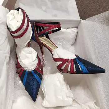 

Mixed Colors Bling Sandals Woman Sandalias Summer Pointed Toe Cutouts High-heeled Wedding Shoes Women Thin High Heels Sandals