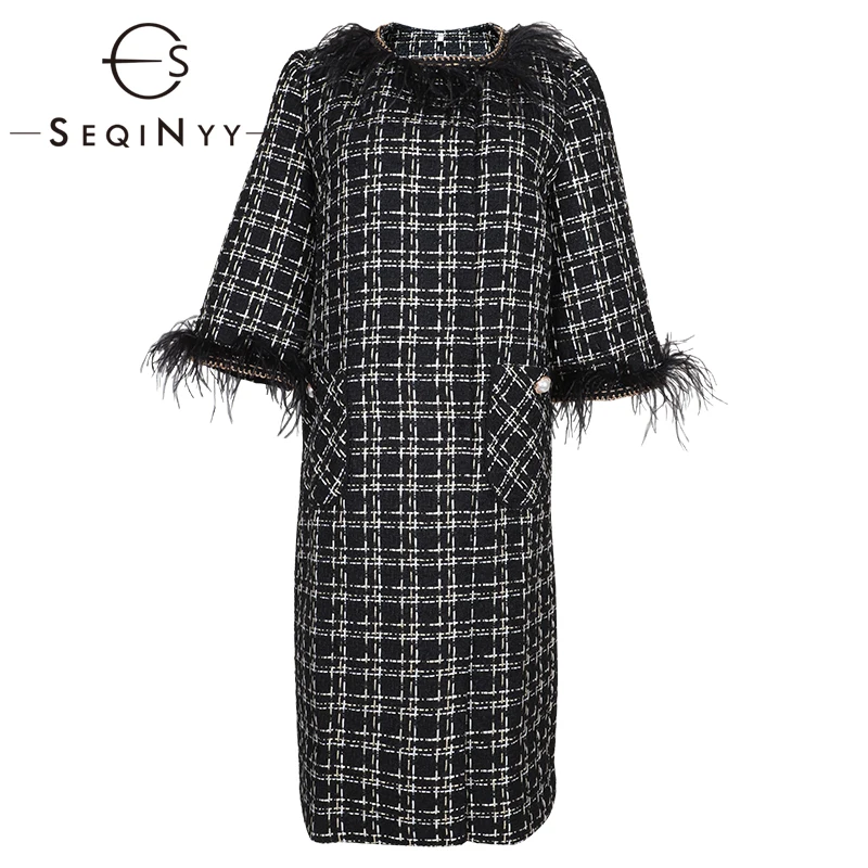 

SEQINYY Long Top 2020 Autumn Winter New Fashion Design Women High Quality Half Sleeve Golden Plaid Feather Tweed Trench Coat
