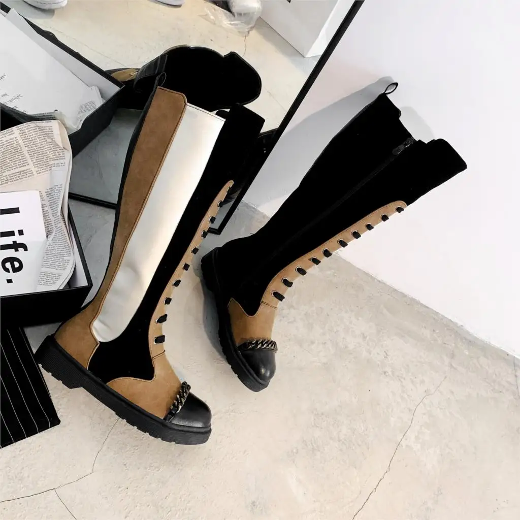 

Snakeskin Round Toe Cross-tied Shoes Female Leather Boots Fashion Winter Shoes Solid Color Snake Skin Boots Women Thick Boot