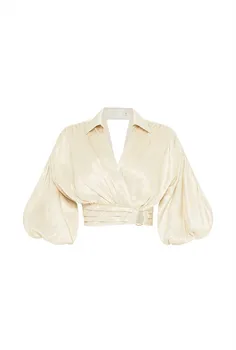 

Women Shirt Spring 2020 Women's Fashion V-neck Lantern Sleeve Pleated Backless Short Shirt Women