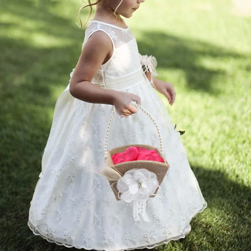 

White Flower basket Formal Occasion Floral Burlap Rustic Bow knot Wedding Ceremony Graduation