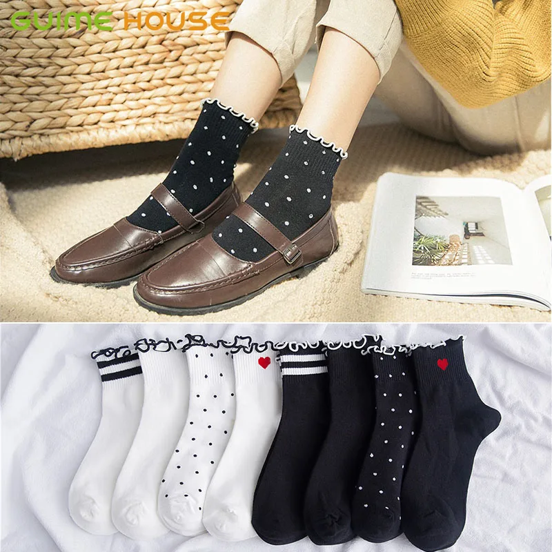 

GUIME HOUSE Autumn Women Socks Striped Heart Soft Cotton Socks Cute Dots Casual Crew Short Sock Black White Lady Socks For Girl