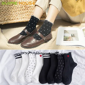 

GUIME HOUSE Autumn Women Socks Striped Heart Soft Cotton Socks Cute Dots Casual Crew Short Sock Black White Lady Socks For Girl