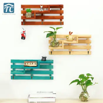 

Wall-mounted Bookshelf Wooden Racks Retro Storage Box Key Hanging Kitchen Bathroom Storage Rack Three-layer Hook-style Shelf