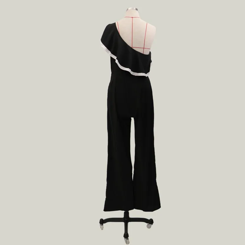 Women Sleeveless Solid Color Leaky one Shoulder off Ruffled Flounce Fashion Jumpsuit summer fashion ladies romper elegant