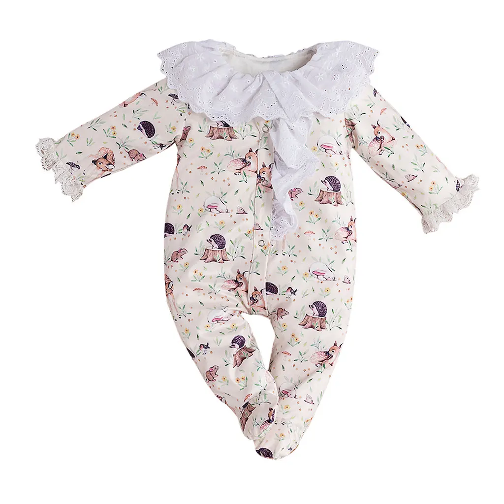 Детская одежда весна-осень для новорожденных, платье с цветочным узором для маленьких девочек с воротником в стиле «Питер Пэн», комбинезон с оленем, комбинезон, одежда для подвижных игр, одежда