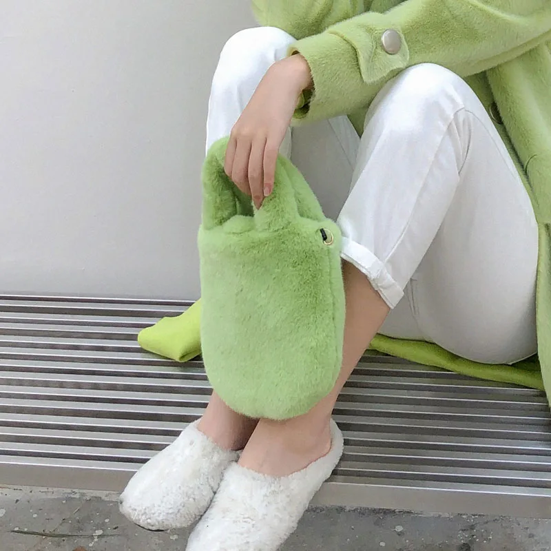 grass mini bag Очень милый маленький Сумочка для женщин карамельных цветов желтый зеленый искусственный меховые сумки Harajuku Kawaii милые девушки осень зима Мягкие плюшевые сумки - Color: grass mini bag