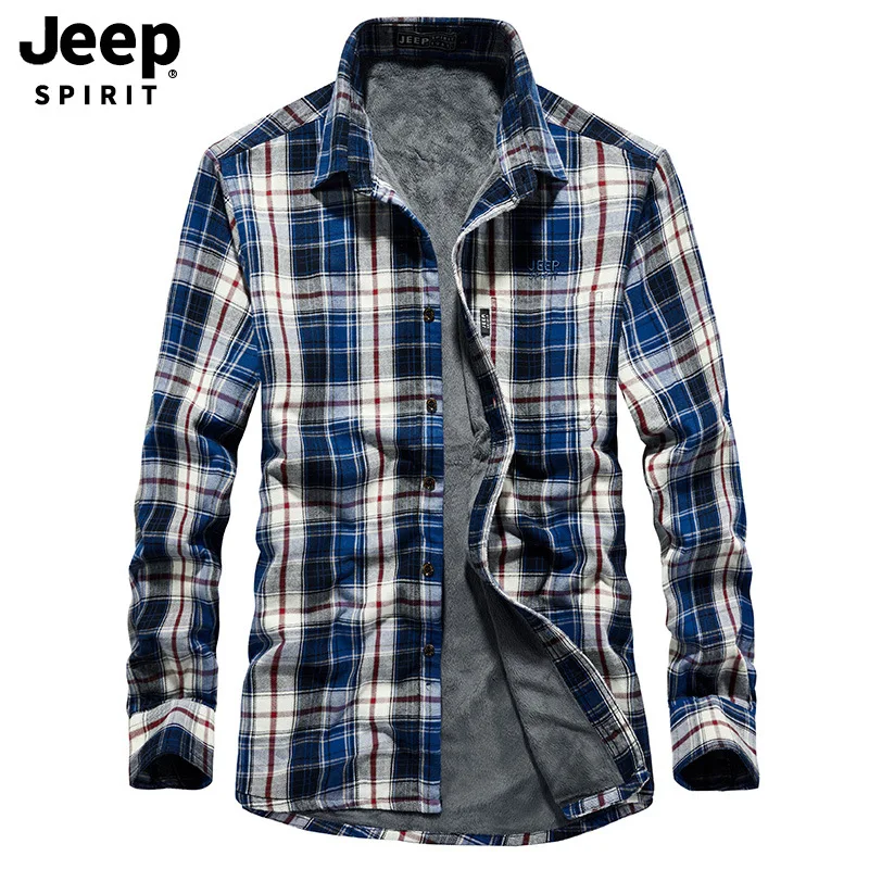 Бренд JEEP SPIRIT, мужские повседневные рубашки, флисовая плотная теплая зимняя рубашка, мужская клетчатая рубашка с длинным рукавом, модные мужские рубашки, размер M-4XL - Цвет: Синий