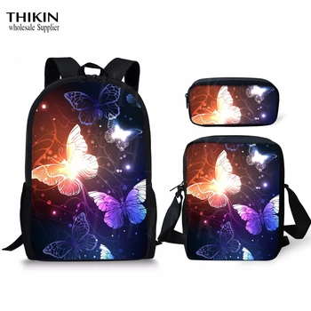 

THIKIN 3D Butterfly Print Girls School Bags Woman Cartoon 3 Pcs/set School Bags for Primary School High School Bags Large School