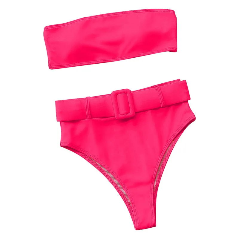 Telotuny High waist Brazilian Swimwear Belt Swimwear Women Bandeau Swimsuit Female Push up Bathing Suit Summer Bathers Biquini - Цвет: Hot Pink