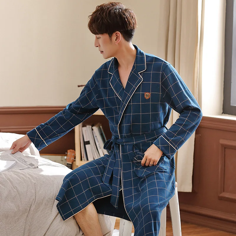 

Pajamas Men's Spring And Autumn Pure Cotton Long Sleeve Women's Robes Cardigan Casual Plaid Cotton Bathrobe Loose And Plus-sized