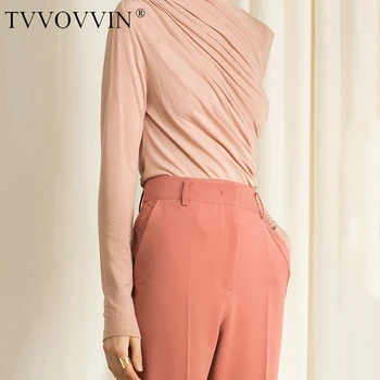 

TVVOVVIN 2019 New Spring Summer Round Neck Long Sleeve Apricot Brief Loose Pleated Stitch T-shirt Women Fashion Tide D262