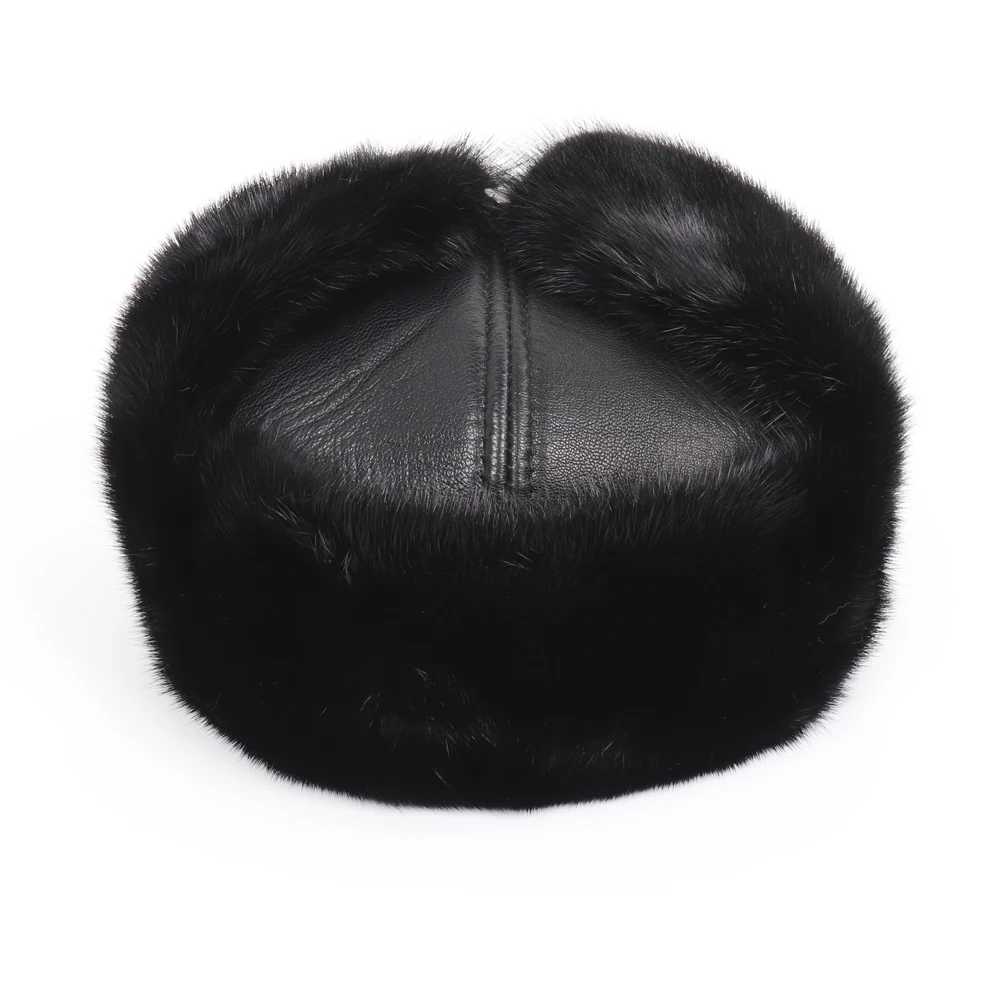 New Winter Russian Men Real Mink Fur Bomber Hats Male Warm Natural Mink Fur Hat Luxury Man Real Sheepskin Leather Cap