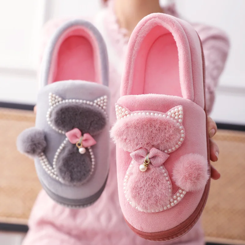 Pearl Winter Felt Slippers Women Indoor Home Shoes Warm Soft Platform Shoes Furry Slides Cotton Home Shoes Floor Slipper Snow