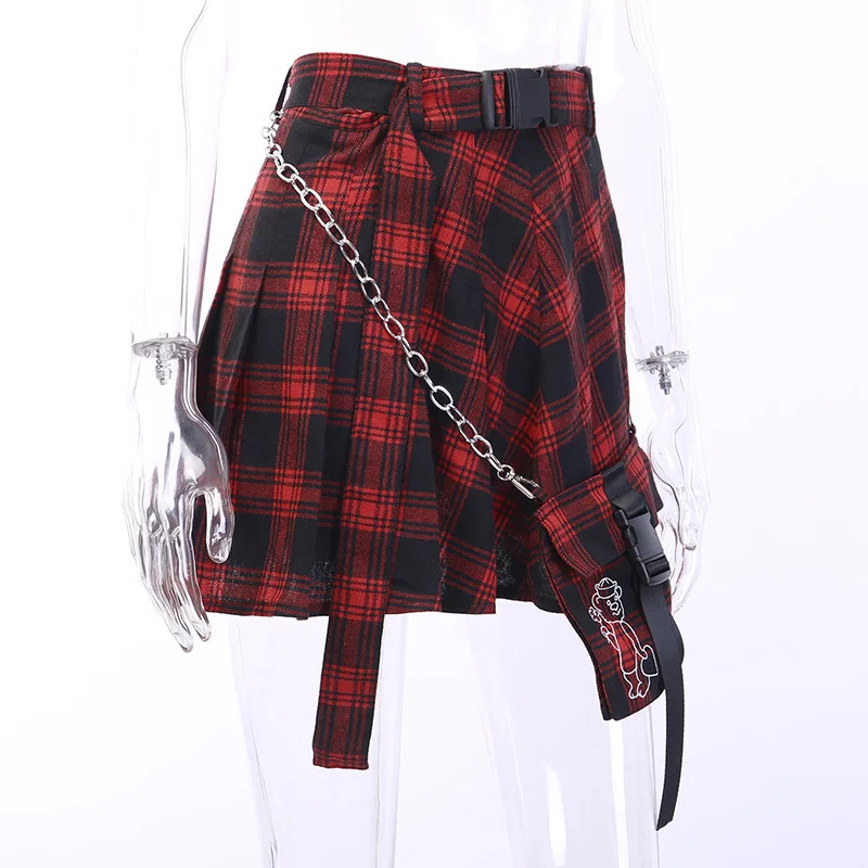 Облегающие плиссированные юбки в готическом стиле с завышенной талией для женщин Harajuku Checker, клетчатая тонкая юбка, красная сексуальная юбка с карманами и цепочкой в стиле гранж, новинка