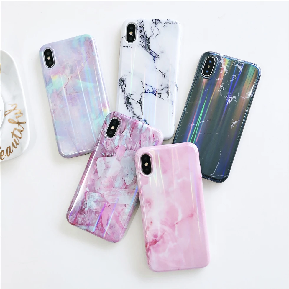 Глянцевый роскошный лазерный мраморный чехол для телефона Aurora iPhone 11 Pro XR XS Max X 10 8 7