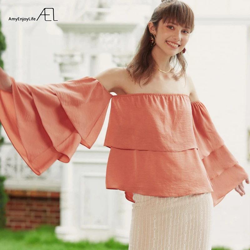 

AEL Fashion Women Off Shoulder Top Cake Sleeve Flounce Pullover Casual Blouse satin Blouse with lining