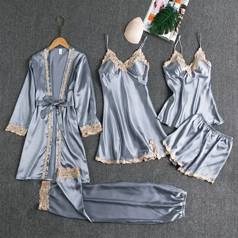 5PC Bridal Sleepwear Set Female Satin Pajamas