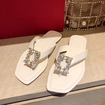 

Rhinestone Slipper Woman Crystal-Embellished Buckle Clip-On Sandals Summer Beach Slides 2020 Women Casual Shoes Leather Flats