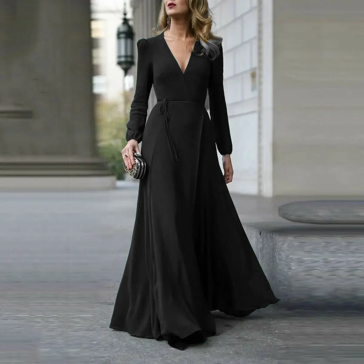 Сексуальное элегантное женское платье с глубоким v-образным вырезом и поясом, длинное платье макси, однотонное платье с разрезом, Пышное Платье с длинным рукавом, официальная одежда для вечеринок - Цвет: Черный