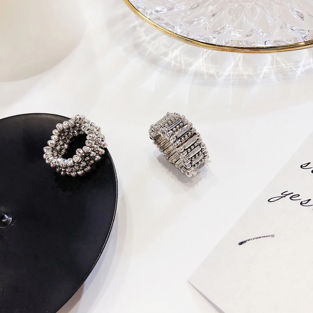 HUANZHI корейский новые потертые геометрические металлические бусины эластичная сила ретро серебряные кольца для пальцев для женщин вечерние аксессуары