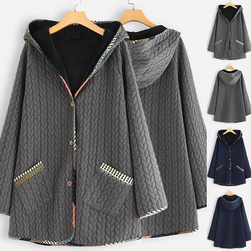 Hot Sale Womens Warm Casual Loose Hooded Ladies Long Sleeve Pocket Large Size Coat Jacket Winter Woman Button Hooded Coat 2019