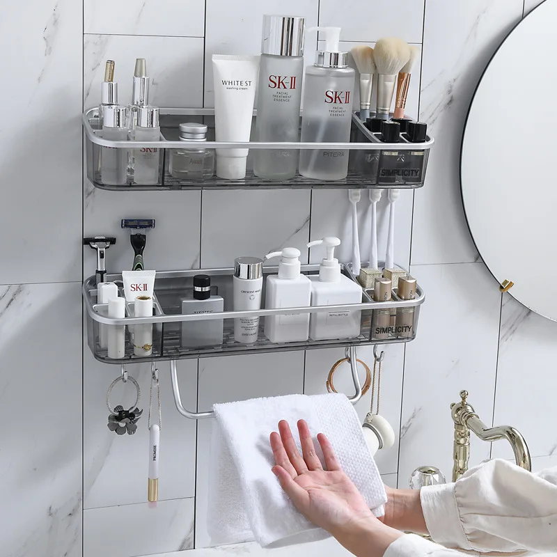 

No Drill Bathroom Shelves with Towel Bar Makeup Organizer Wall Mounted Skincare Organizer Bathroom Cosmetic Shampoo Storage Rack
