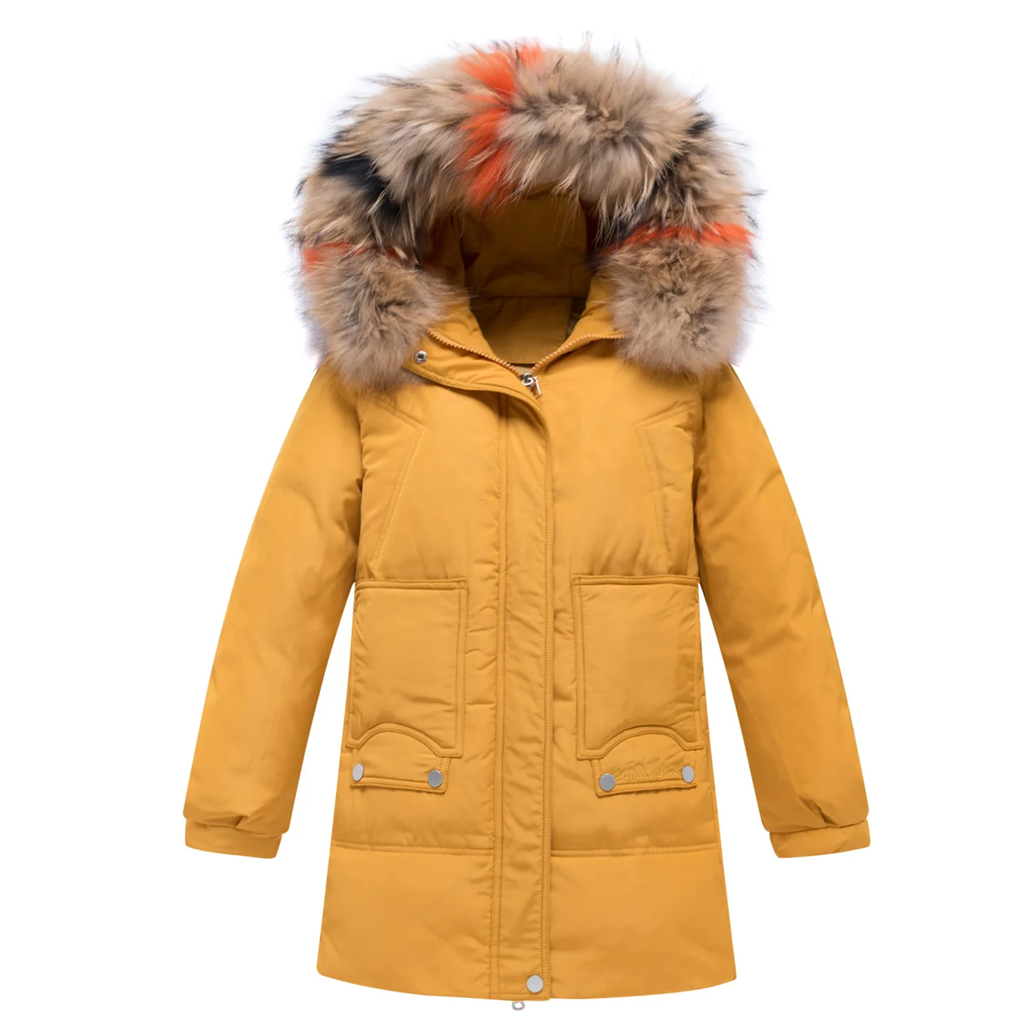 Корейский стиль, стиль, пуховик для девочек утепленная пуховая куртка средней длины с большим меховым воротником детская куртка в западном стиле - Цвет: Yellow 160 Cm