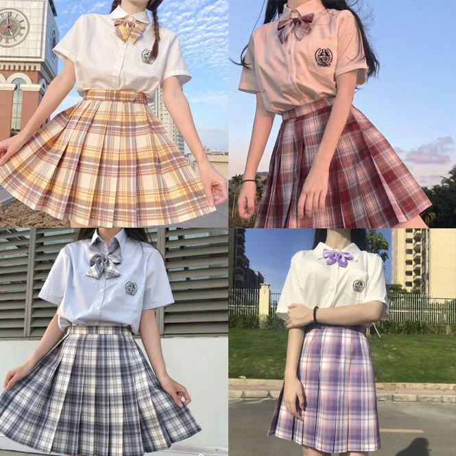 JK School Girl Uniform Pleated Skirts Japanese High Waist A-Line Plaid Skirt Sexy Uniforms for Woman Full set |