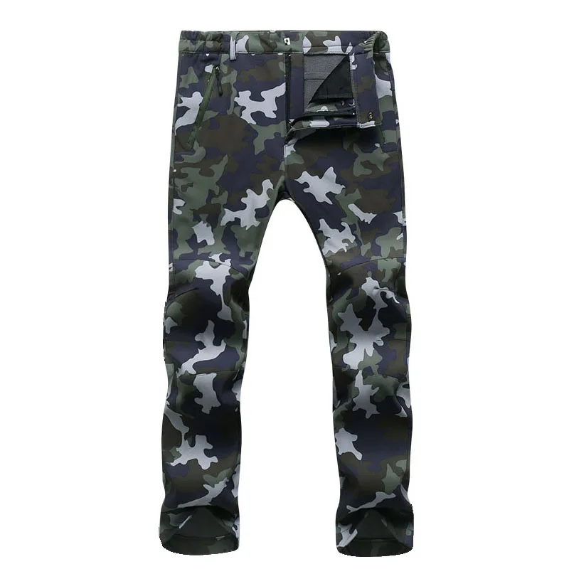 Зимние плотные теплые флисовые софтшелл брюки для лыжного спорта мужские ветрозащитные водонепроницаемые штаны для сноуборда треккинговые походные брюки - Цвет: Camouflage army