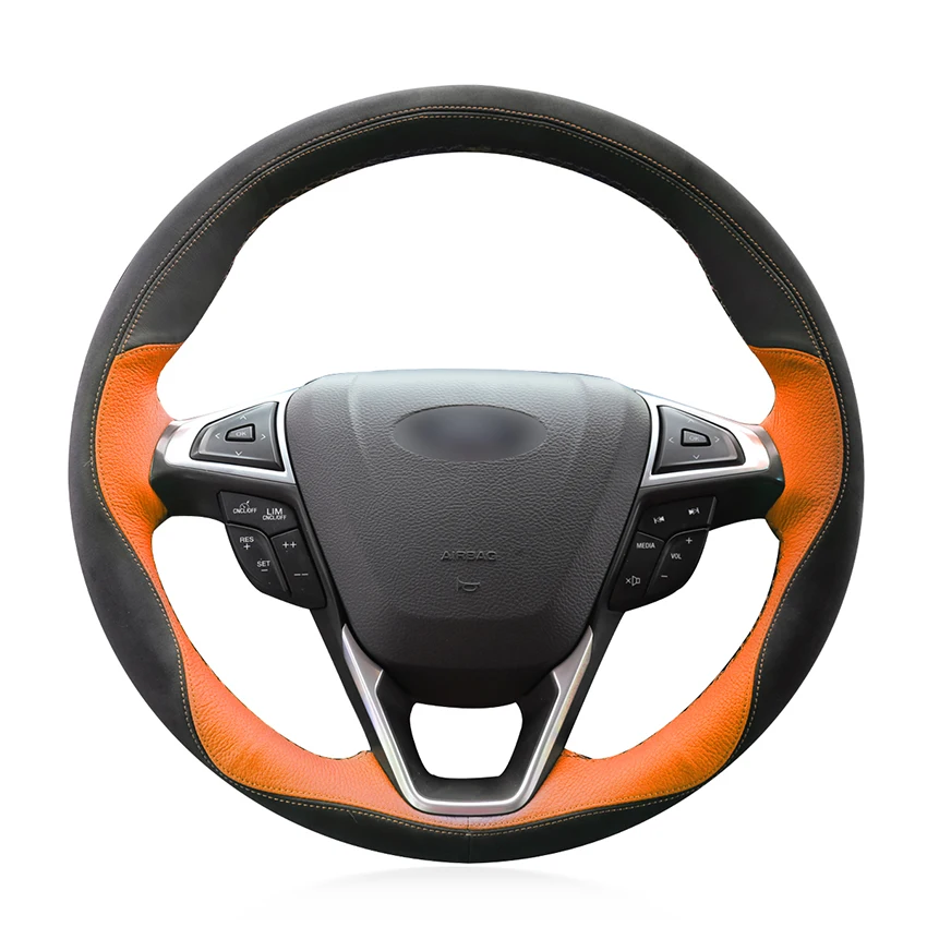 Прошитый вручную черный замшевый оранжевый кожаный Противоскользящий мягкий автомобильный чехол на руль для Ford Mondeo Fusion 2013-2019 EDGE 2015-2019