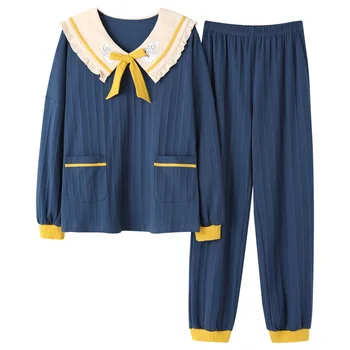 

Pajamas Women's Drawstring Cotton Pyjama Femme Long-sleeved Cute Loose Home Clothes Ladies Suit Winter and Spring Pizama Damska