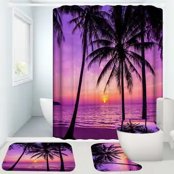 

2 types Purple Coconut Palm Bathroom Set Waterproof Shower Curtain Toilet Seat Cover Rugs Carpets Bath Mats Set