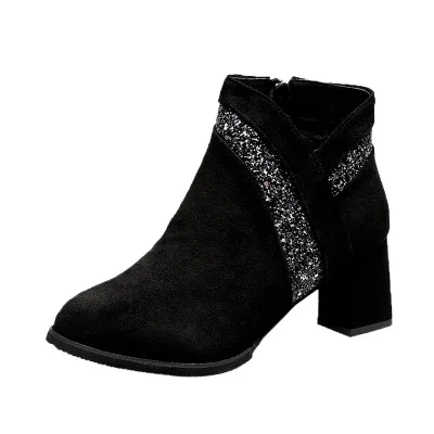 

2019 new autumn and winter suede high-heeled boots with sequins and thick short boots