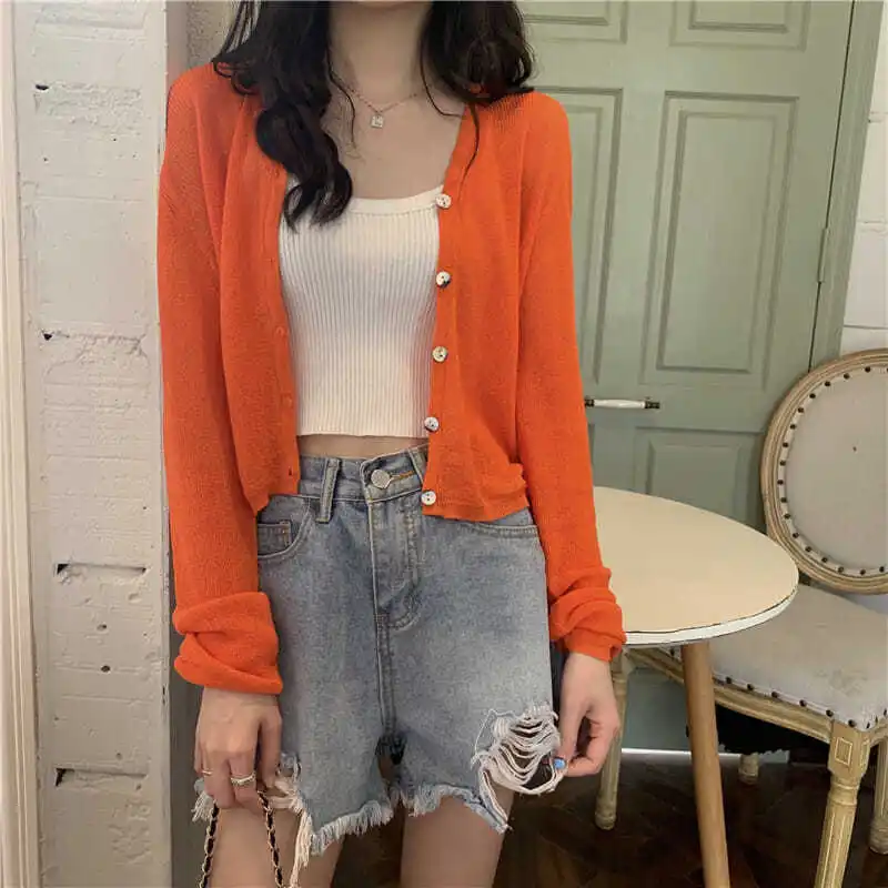 Cardigan Women Solid V-neck Summer Thin Sun Protection Loose Soft Simple All-match Hot Sale Leisure Ulzzang Students Basic Newly