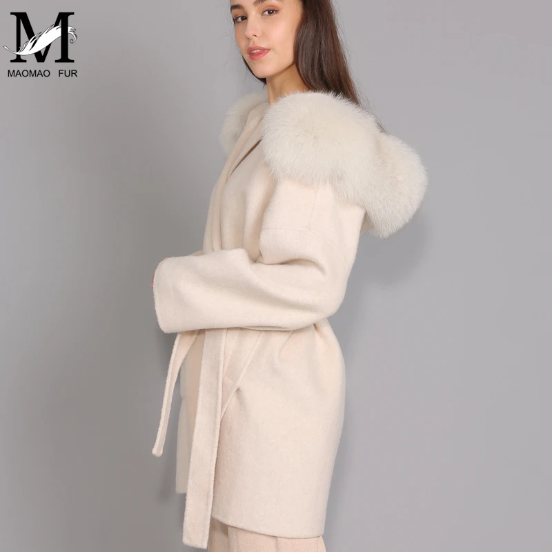 Goede Kasjmier Jas Vrouwen Afneembare Vos Bontkraag Wol Blend Jas en Jas Riem Dames Herfst Winter Kasjmier Jas