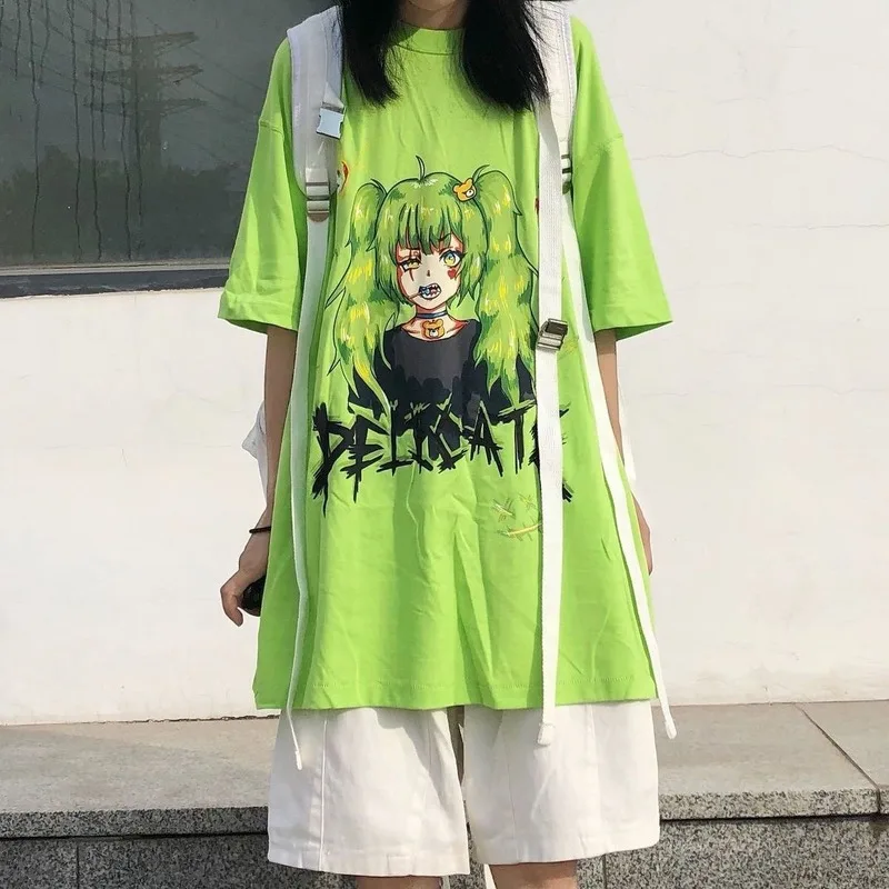 QWEEK Gothic T Shirt Women Japanese Harajuku Anime Cute Print Vintage Loose Streetwear T Shirt Femme Mall Goth Tops