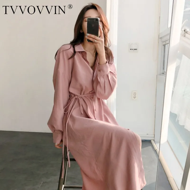 

TVVOVVIN Solid Pink Shirt Dresses Woman Overknee Long Fund Rendering Leisure Time Student Chalaza Sweet Dresses For Girl L266