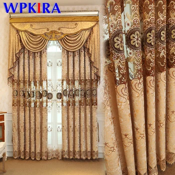 

Luxury Embroidered Blue Coffee Curtains For Living Room Blackout Chenille Curtain Bedroom Window Drapes Floral Tulle Custom M111