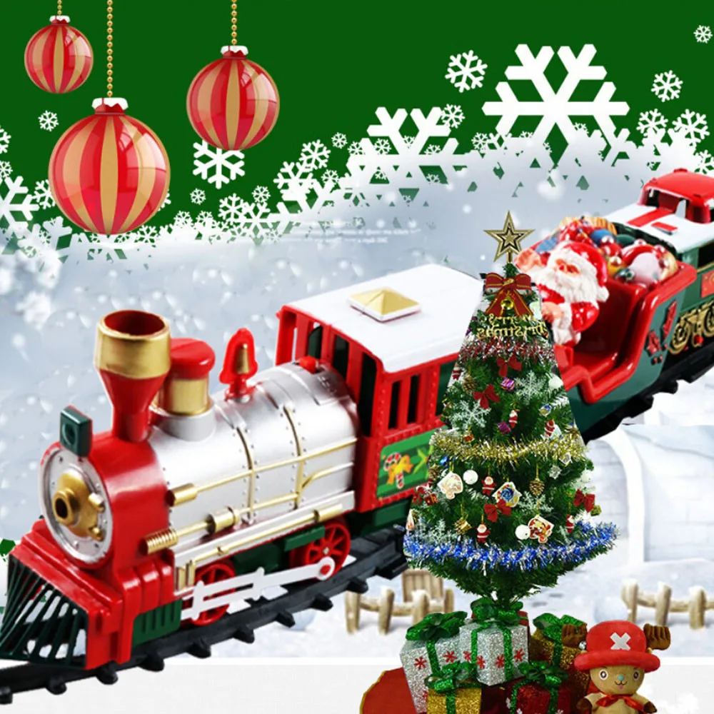 toy train around christmas tree